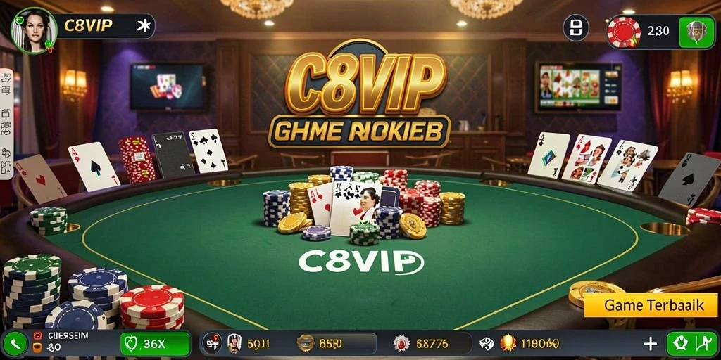 Tangkapan layar gameplay C8VIP menunjukkan suasana permainan Poker yang mendebarkan.