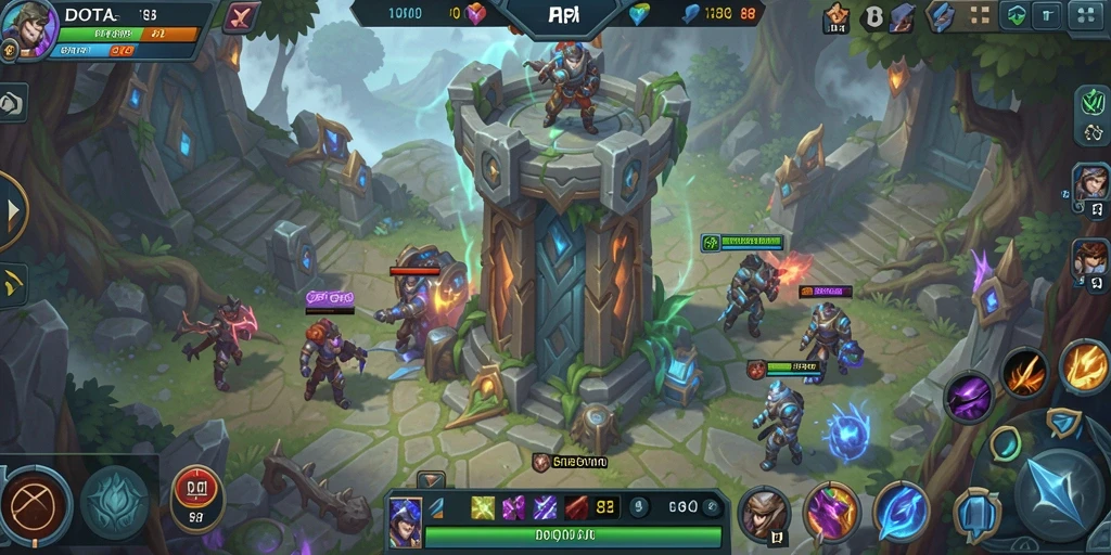 Tampilan gameplay DOTA88 dengan menara dan musuh yang sedang bertempur.