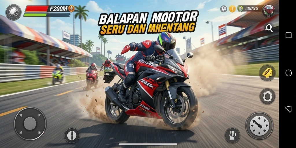 Tampilan gameplay F200M yang mendebarkan di lintasan balap.