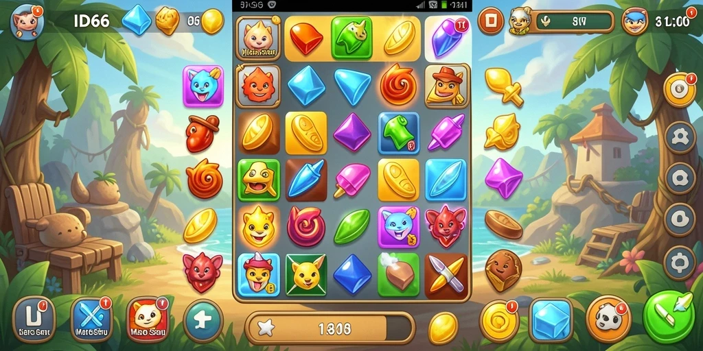 Tampilan gameplay ID66 dengan objek berwarna cerah dan tantangan Match-3.