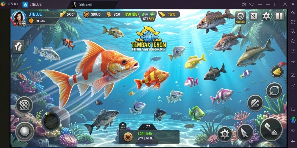 Tangkapan layar utama JTBLUE menampilkan aksi gameplay Tembak Ikan yang intens.
