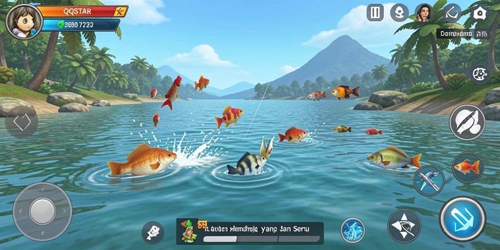 Screenshot gameplay QQSTAR menampilkan aksi memancing yang mendebarkan.