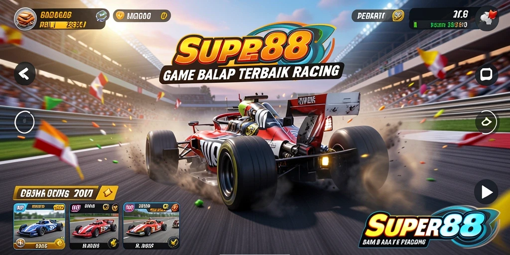 Tangkapan layar gameplay <strong>SUPER88</strong> menampilkan aksi balap yang mendebarkan.