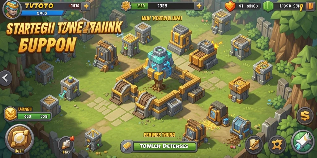 Screenshot gameplay TVTOTO menampilkan menara pertahanan yang strategis.