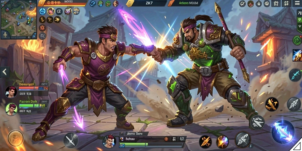 Screenshot gameplay ZK7 menampilkan pertempuran epik di arena MOBA.